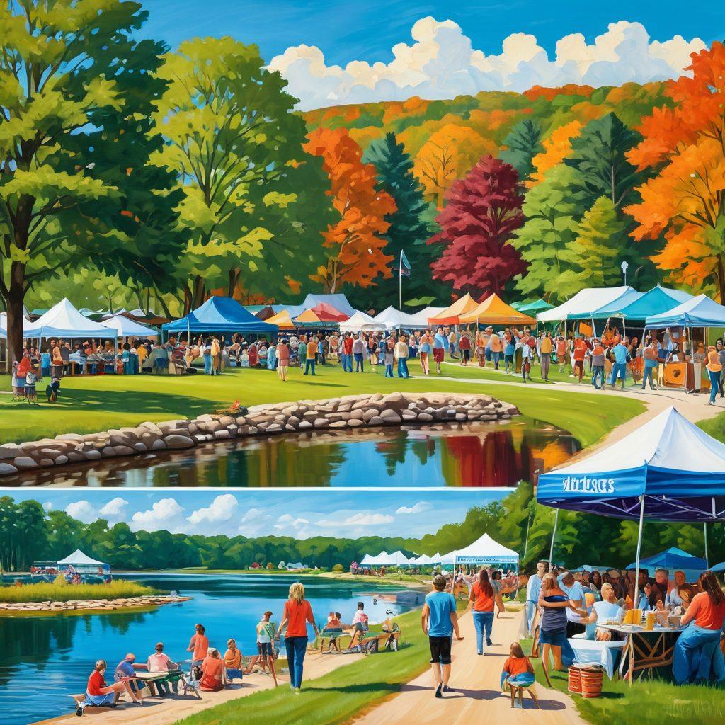A vibrant collage capturing the essence of Becker County, showcasing local events like festivals, farmers' markets, and outdoor activities. Feature a scenic backdrop of lush forests and lakes, with people enjoying activities, food trucks, and community gatherings. Incorporate colorful banners and signs indicating local news highlights. Capture a sense of community spirit and liveliness. painting. vibrant colors.