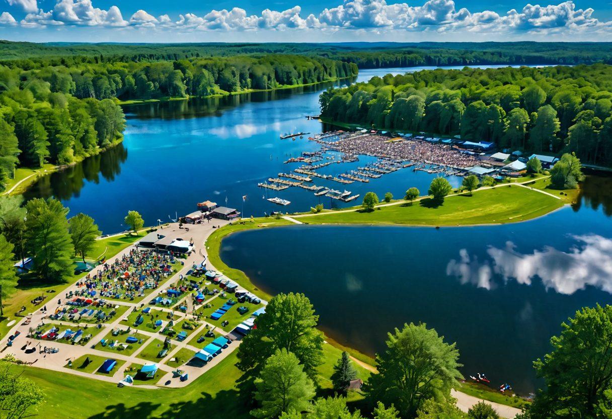 A picturesque landscape of Becker County featuring a serene lake surrounded by lush green forests, where a vibrant community event is taking place with locals enjoying music, food stalls, and playful activities. Include a digital map overlay highlighting important news locations and events. Bright skies with fluffy clouds above, inviting atmosphere. super-realistic. vibrant colors.