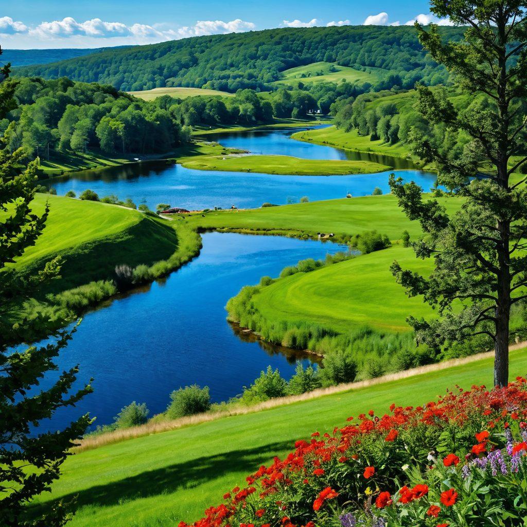 A picturesque landscape of Becker County featuring lush rolling hills, a vibrant community gathering with diverse people, and a calendar highlighting seasonal events in the foreground. Incorporate colorful banners and local art displays, surrounded by nature trails and scenic lakes to capture the essence of community spirit. vivid colors. super-realistic. sunny day.